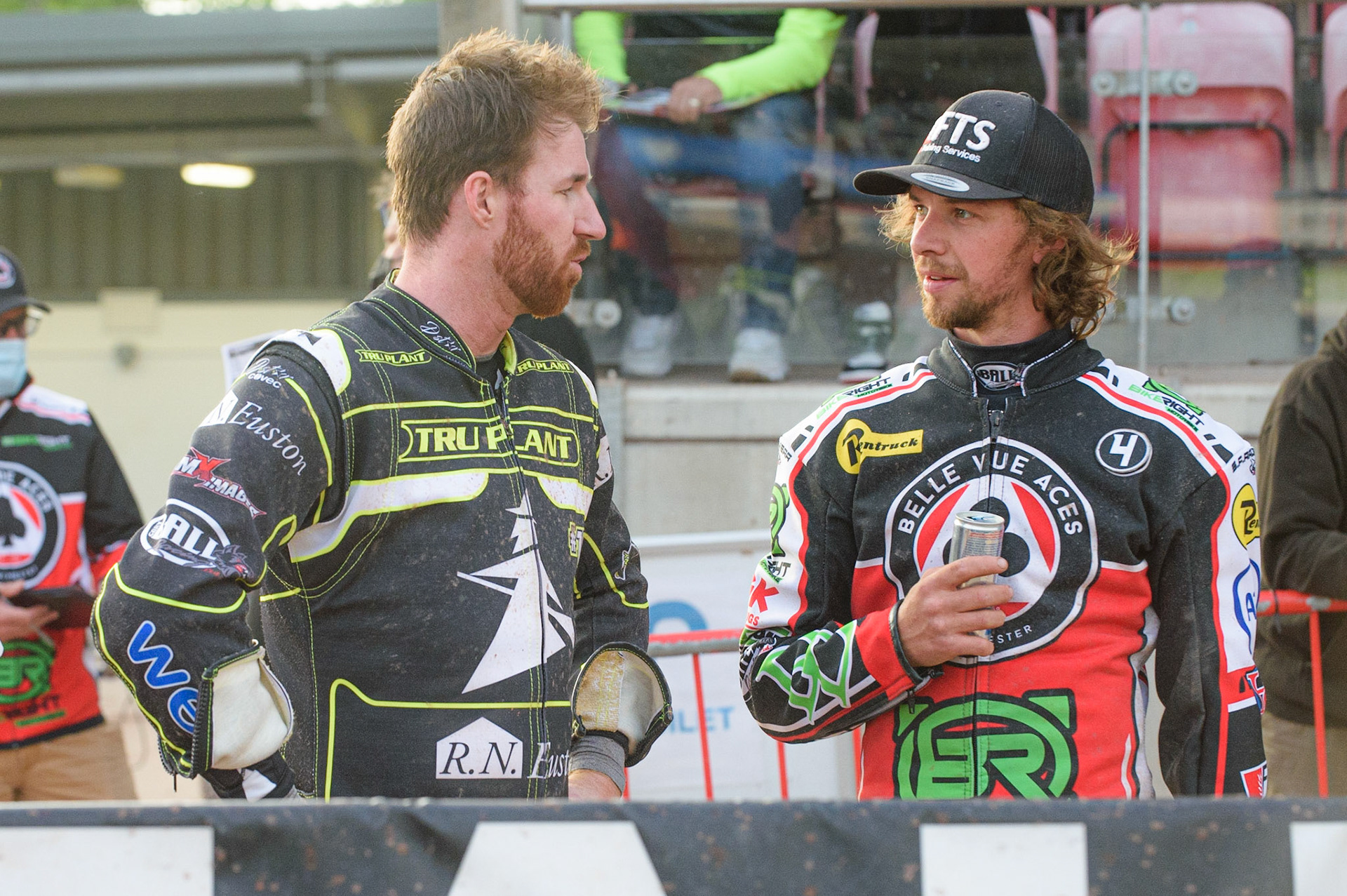 MANCHESTER, UK. JUNE 7TH   Jake Allen  (left) chats with Charles Wright  during the SGB Premiership match between Belle Vue Aces and Ipswich Witches at the National Speedway Stadium, Manchester on Monday 7th June 2021. (Credit: Ian Charles | MI News)
