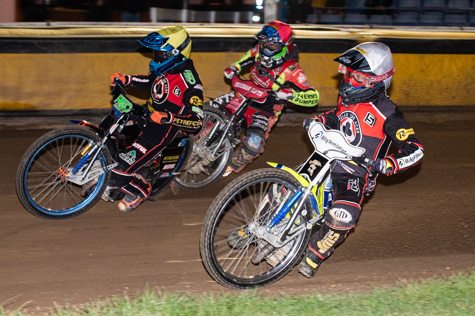 Photo by Ian Charles:

Kenneth Bjerre  (White) and Dimitri Bergé  (Yellow) inside Hans Andersen  (Red)

Peterborough Panthers v Belle Vue Aces, British Speedway Premiership, Thursday, 5, September, 2019