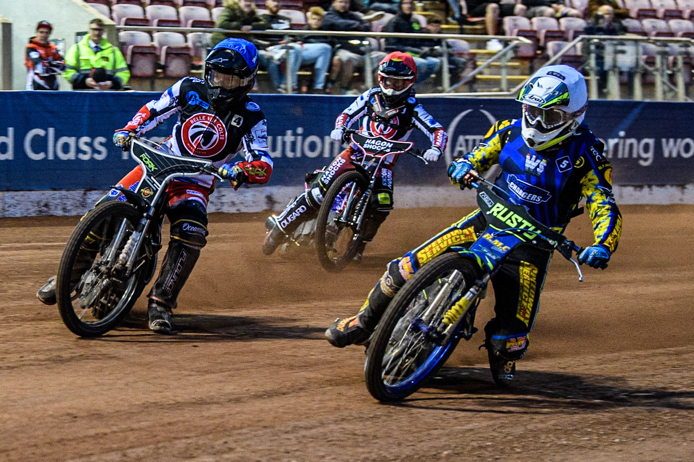 Ryan Kinsley  (White) inside Matt Marson  (Blue) with Sam Hagon  (Red) behind during the National Development League match between Belle Vue Colts and Oxford Chargers at the National Speedway Stadium, Manchester on Friday 12th May 2023. (Photo: Ian Charles | MI News)