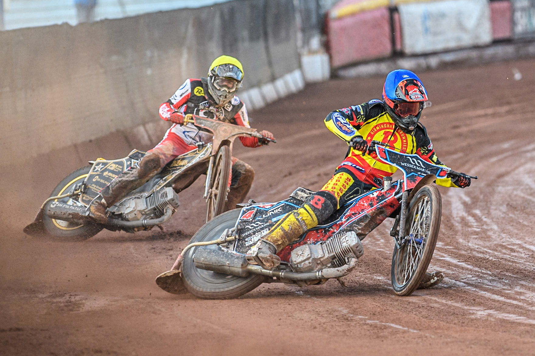 Birmingham Brummies' Zach Cook in Blue leading Belle Vue Aces' Norick Blodorn in Yellow during the Rowe Motor Oil Premiership match between Birmingham Brummies and Belle Vue Aces at Perry Bar Stadium, Birmingham on Monday 29th July 2024. (Photo: Ian Charles | MI News)