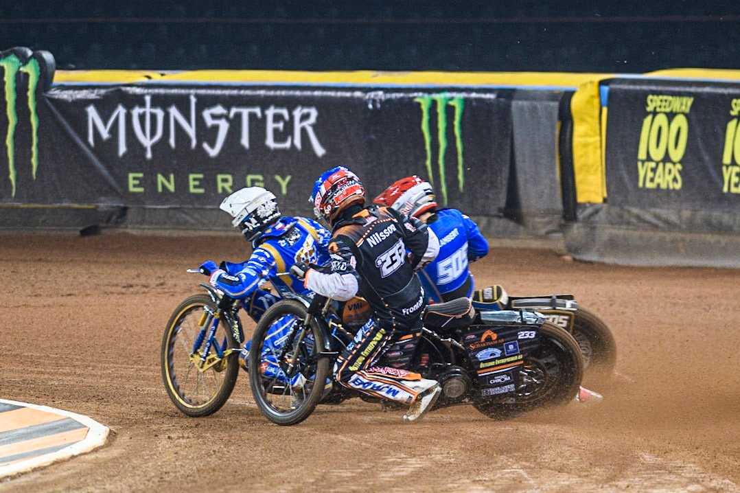Bartosz Zmarzlik (95) (White) leads  Robert Lambert (505) (Red) and Kim Nilsson (233) (Blue) during the FIM Speedway Grand Prix of Great Britain at the Principality Stadium, Cardiff on Saturday 2nd September 2023. (Photo: Ian Charles | MI News)