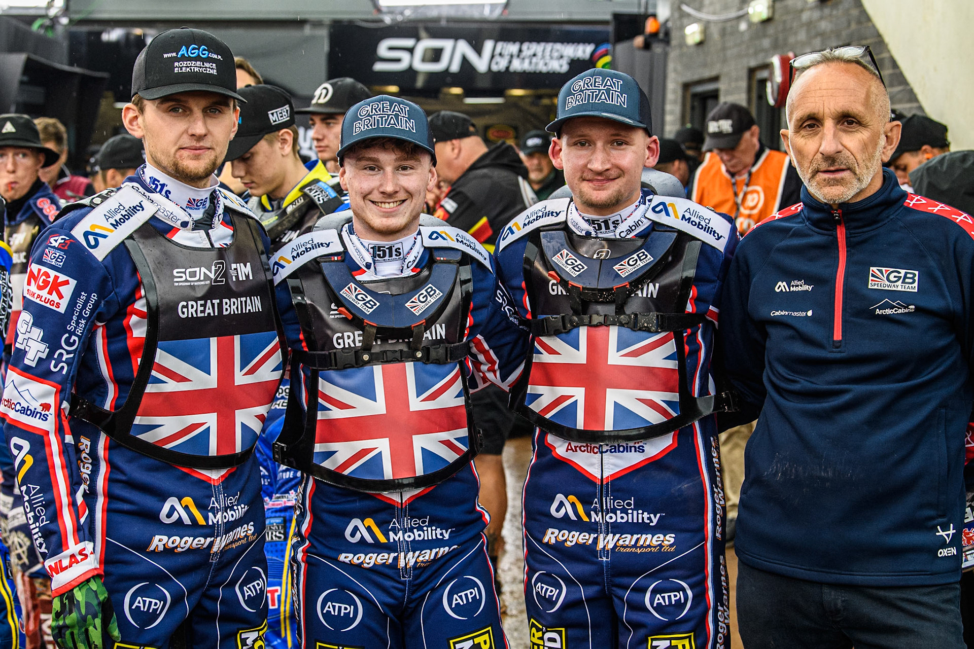 GREAT BRITAIN: (L to R) Leon Flint, Sam Hagon, Dan Thompson and British Team manager, Neil Vatcher during the Monster Energy FIM Speedway of Nations 2 (Under 21) Final at the National Speedway Stadium, Manchester on Friday 12th July 2024. (Photo: Ian Charles | MI News)
