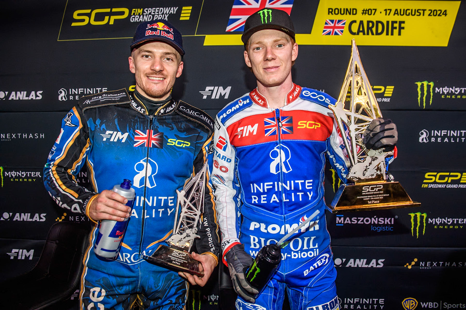 British 1-2 in the Speedway GP: Robert Lambert (505) of Great Britain (Left - 2nd), and Daniel Bewley (99) of Great Britain (Winner - Right) during the FIM Speedway Grand Prix of Great Britain at The Principality Stadium, Cardiff on Saturday 17th August 2024. (Photo: Ian Charles | MI News)