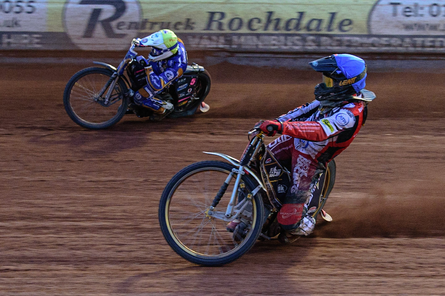 MANCHESTER UK  Norick Blodorn  (Blue) inside Josh Pickering  (Yellow) during the SGB Premiership match between Belle Vue Aces and King's Lynn Stars at the National Speedway Stadium, Manchester on Monday 11th July 2022. (Credit: Ian Charles | MI News)