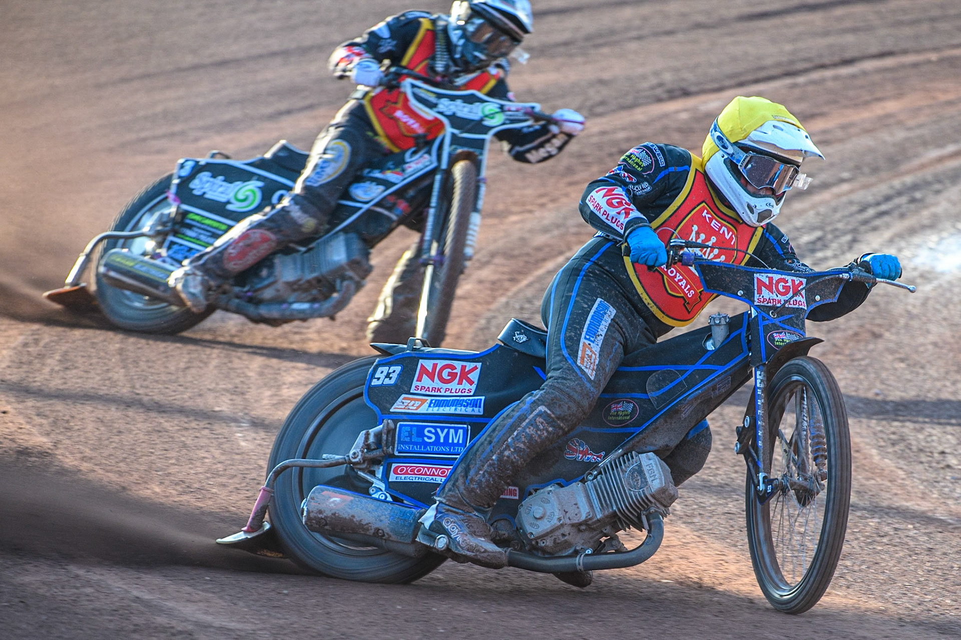 Tom Woolley (Yellow) leads team mate Connor King (White) during the National Development League match between Belle Vue Colts and Kent Royals at the National Speedway Stadium, Manchester on Friday 7th July 2023. (Photo: Ian Charles | MI News)