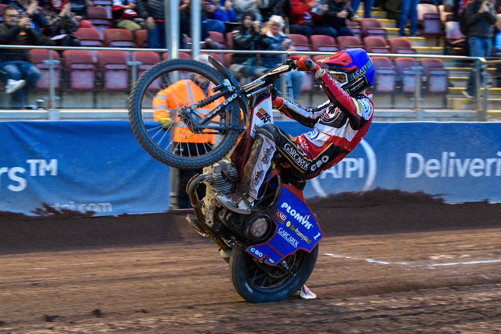 Dan Bewley celebrates with a wheelie during the Sports Insure Premiership Knock Out Cup Quarter Final 2nd Leg between Belle Vue Aces and Wolverhampton Wolves at the National Speedway Stadium, Manchester on Thursday 18th May 2023. (Photo: Ian Charles | MI News)