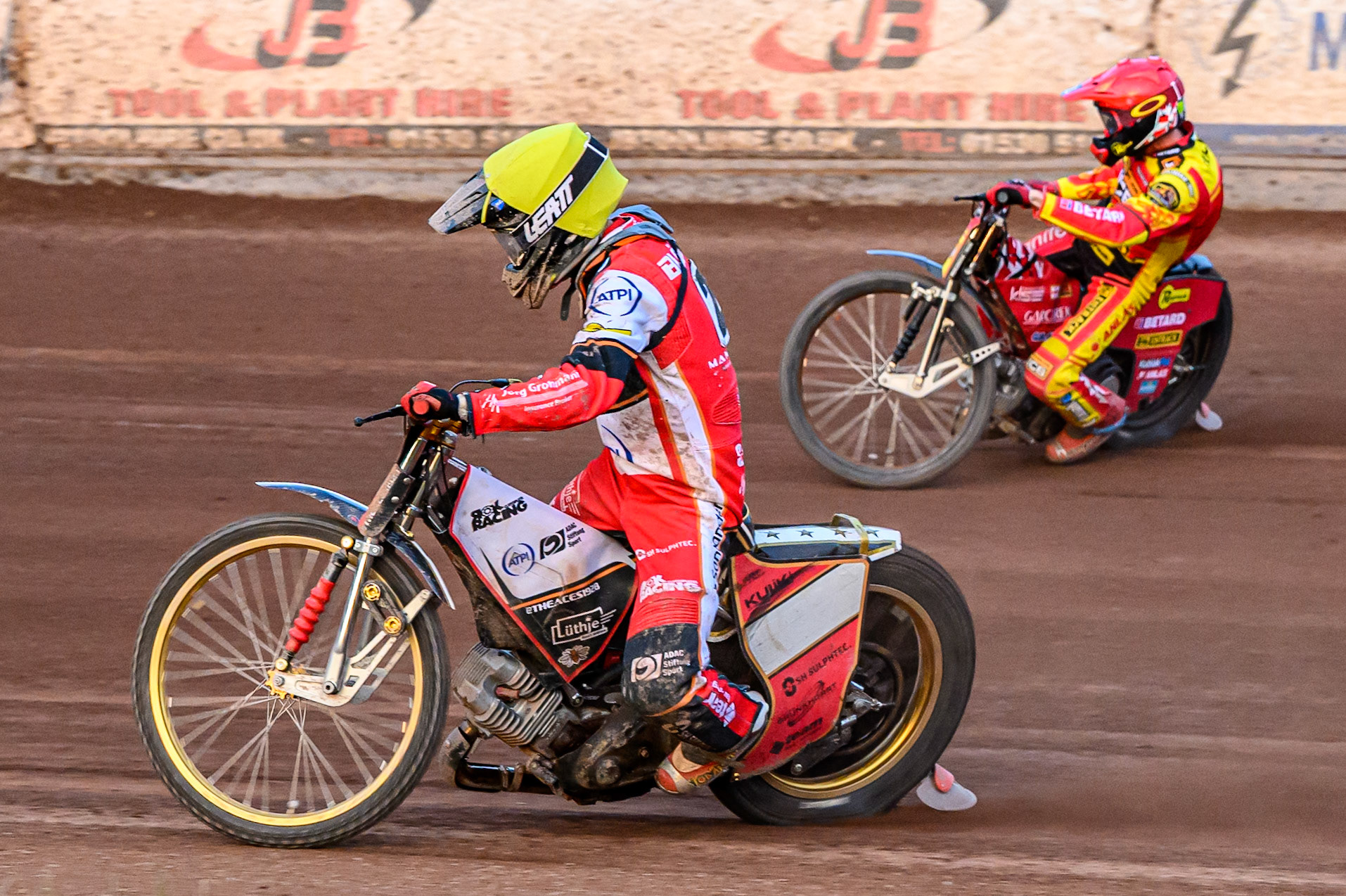 Belle Vue Aces' Norick Blodorn in Yellow rides inside Leicester Lions' Max Fricke in Red during the Rowe Motor Oil Premiership match between Leicester Lions and Belle Vue Aces at the Hydroscand Arena, Leicester on Thursday 19th June 2025. (Photo: Ian Charles | MI News)