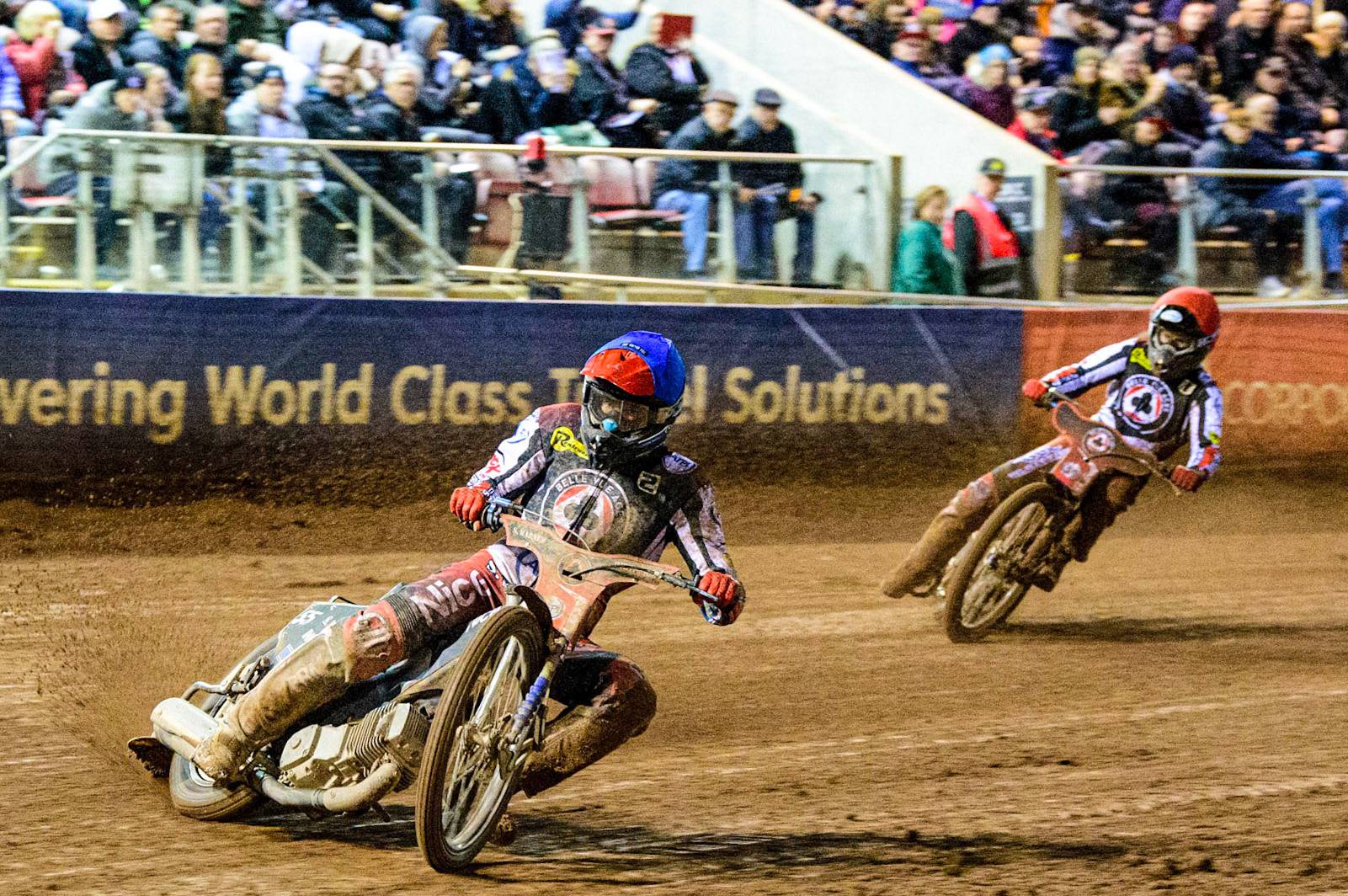 Matej Zagar (Blue) leads Brady Kurtz (Red) as The Aces take maximum points in the Grand Final  during the Grant Henderson Pairs at the National Speedway Stadium, Manchester on Thursday 27th October 2022. (Credit: Ian Charles | MI NEWS)
