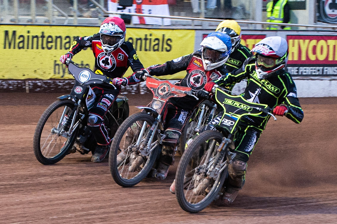 Photo: Ian Charles

David Bellego  (White) inside Jaimon Lidsey  (Blue), Steve Worrall  (Red) with Jake Allen  (Yellow) behind

Belle Vue Aces v Ipswich Witches, British Speedway Premiership, Belle Vue National Speedway Stadium, Manchester, Monday 3  June  2019