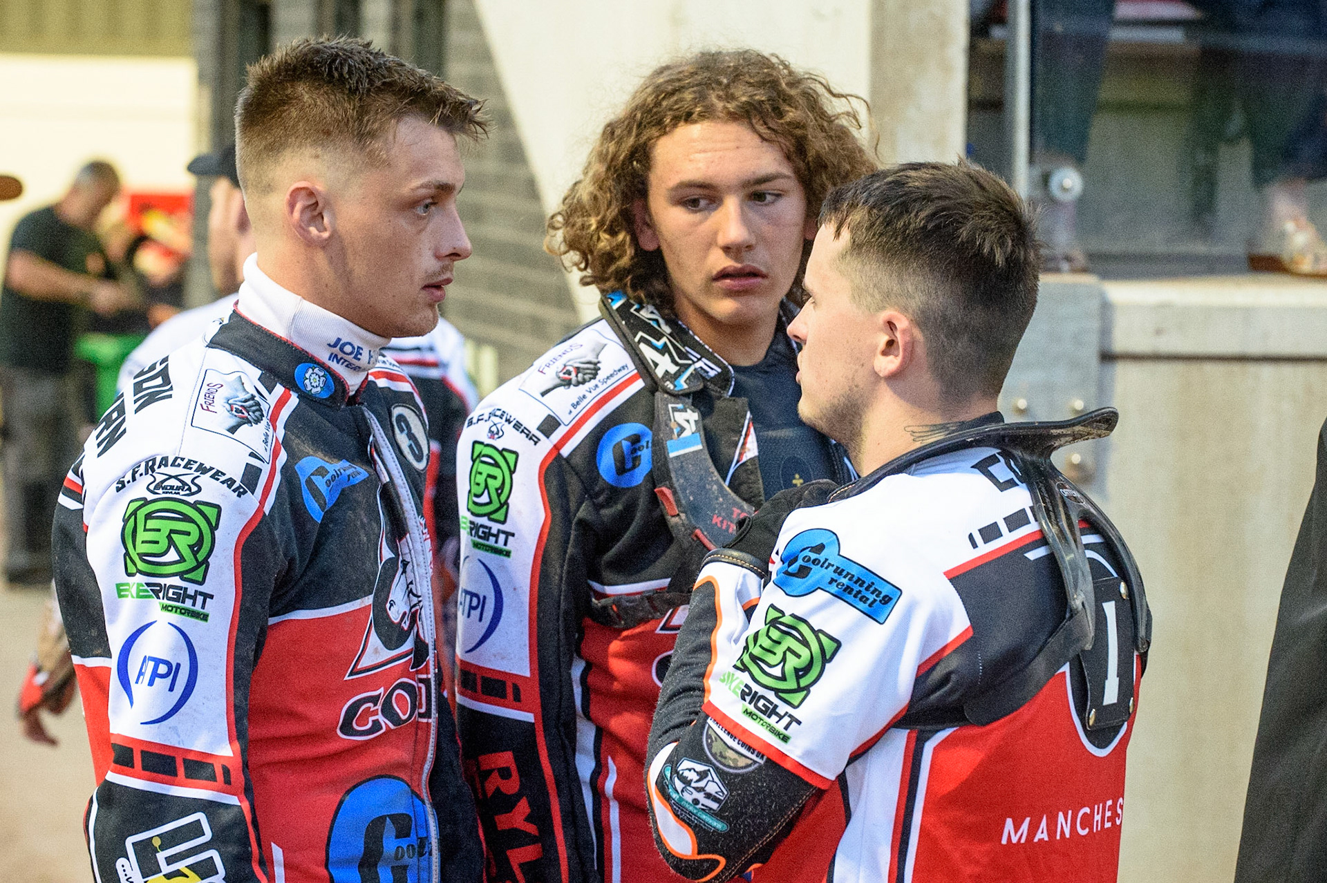 MANCHESTER, UK. JULY 29TH  (l-r) Jack Parkinson-Blackburn , Harry McGurk and Jack Smith   during the National Development League match between Belle Vue Colts and Leicester Lion Cubs at the National Speedway Stadium, Manchester on Thursday 29th July 2021. (Credit: Ian Charles | MI News)