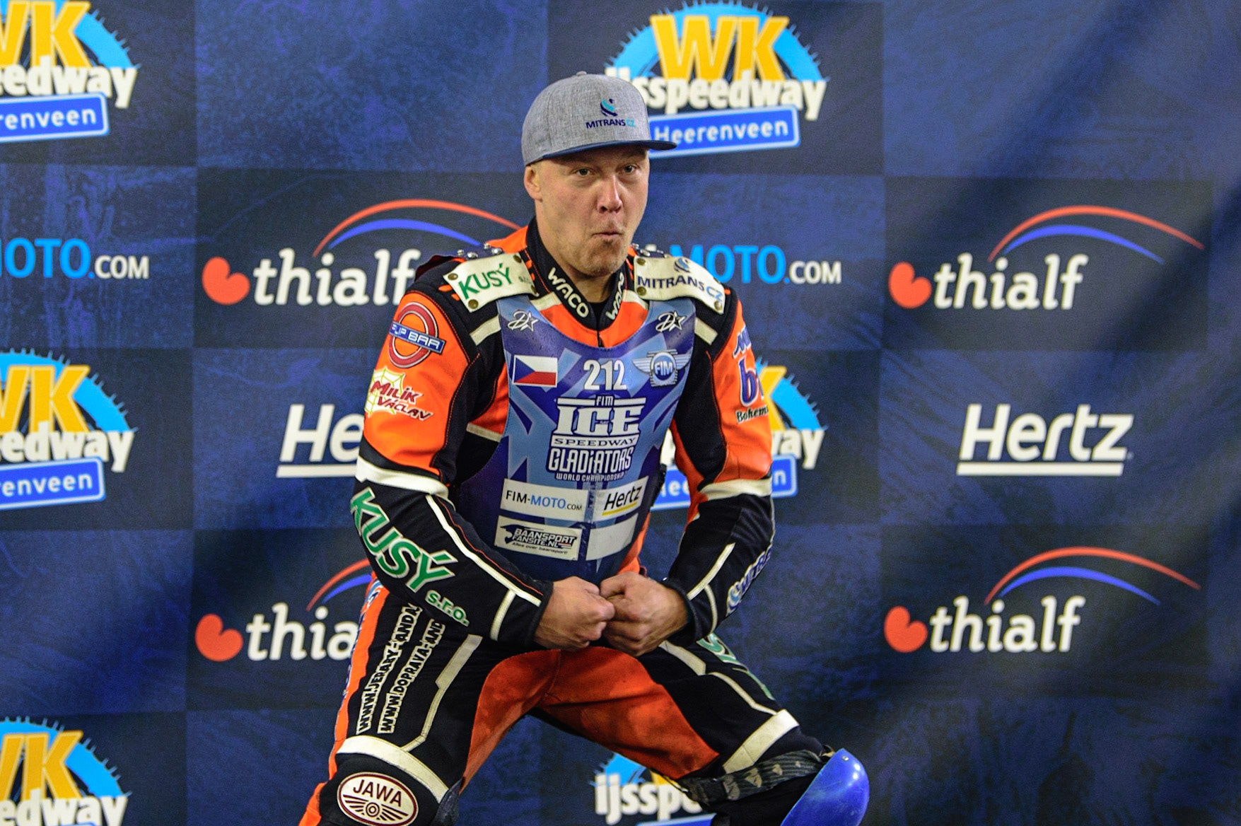 HEERENVEEN, NL.  Lukas Hutla (212) strikes a pose on the rostrum during the FIM Ice Speedway Gladiators World Championship Final 4 at Ice Rink Thialf, Heerenveen on Sunday  3 April 2022. (Credit: Ian Charles | MI News)