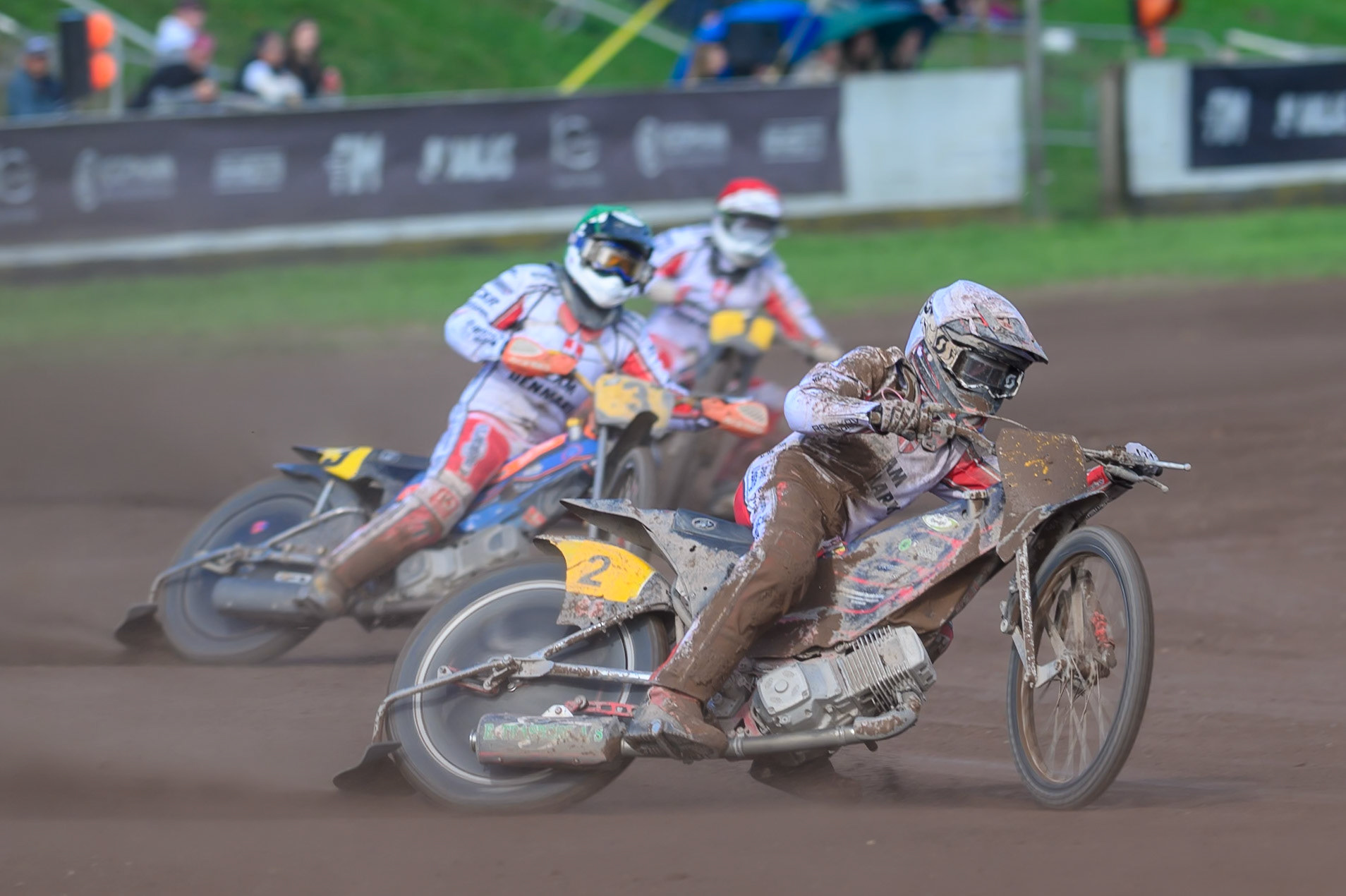 Patrick Kruse (2) of Denmark in White leading Kenneth Kruse Hansen (1) of Denmark in Red and \lt3in Green during the FIM Long Track of Nations 2026 at the Speed Centre Roden in the Netherlands on Sunday 20th September 2026. (Photo: Ian Charles | MI News)