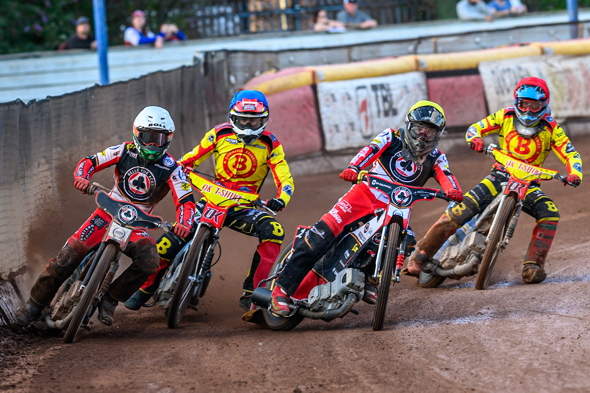 Belle Vue Aces' Brady Kurtz in White and Belle Vue Aces' Norick Blodorn   in Yellow leading Birmingham Brummies' Keynan Rew in Blue and Birmingham Brummies' Jonas Jeppesen  in Red during the Rowe Motor Oil Premiership match between Birmingham Brummies and Belle Vue Aces at Perry Barr Stadium, Birmingham on Monday 28th July 2025. (Photo: Ian Charles | MI News)