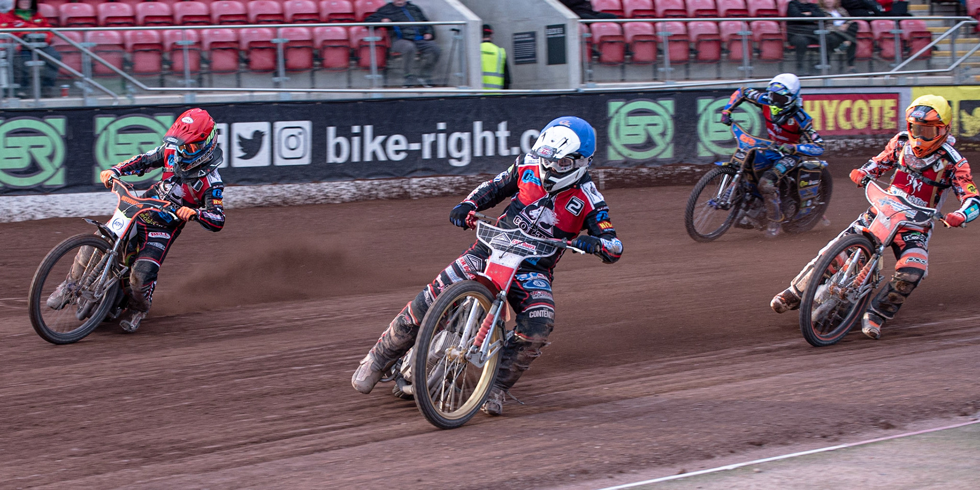 Photo: Ian Charles

Belle Vue Colts  Danny Phillips  (Blue) and Jordan Palin  (Red) go for maximum points ahead of Jordan Jenkins  (Yellow) and Anders Rowe  (White)

Belle Vue Colts v Kent Kings, SGB National League KO Cup Quarter Final 1st Leg, Belle Vue National Speedway Stadium, Manchester, Thursday 20  June  2019