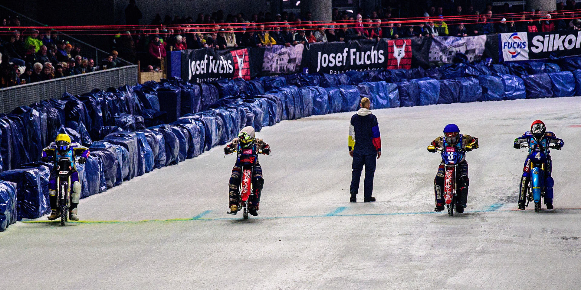 The start of heat 18: (l-r) Christoph Kirchner (Yellow), Jan Klatovsky (White), Antonin Klatovsky (Blue) and Martin Leitner (Red) during the Race of Legends at the Max-Aicher-Arena, Inzell on Friday 17th March 2023. (Photo: Ian Charles | MI News)
