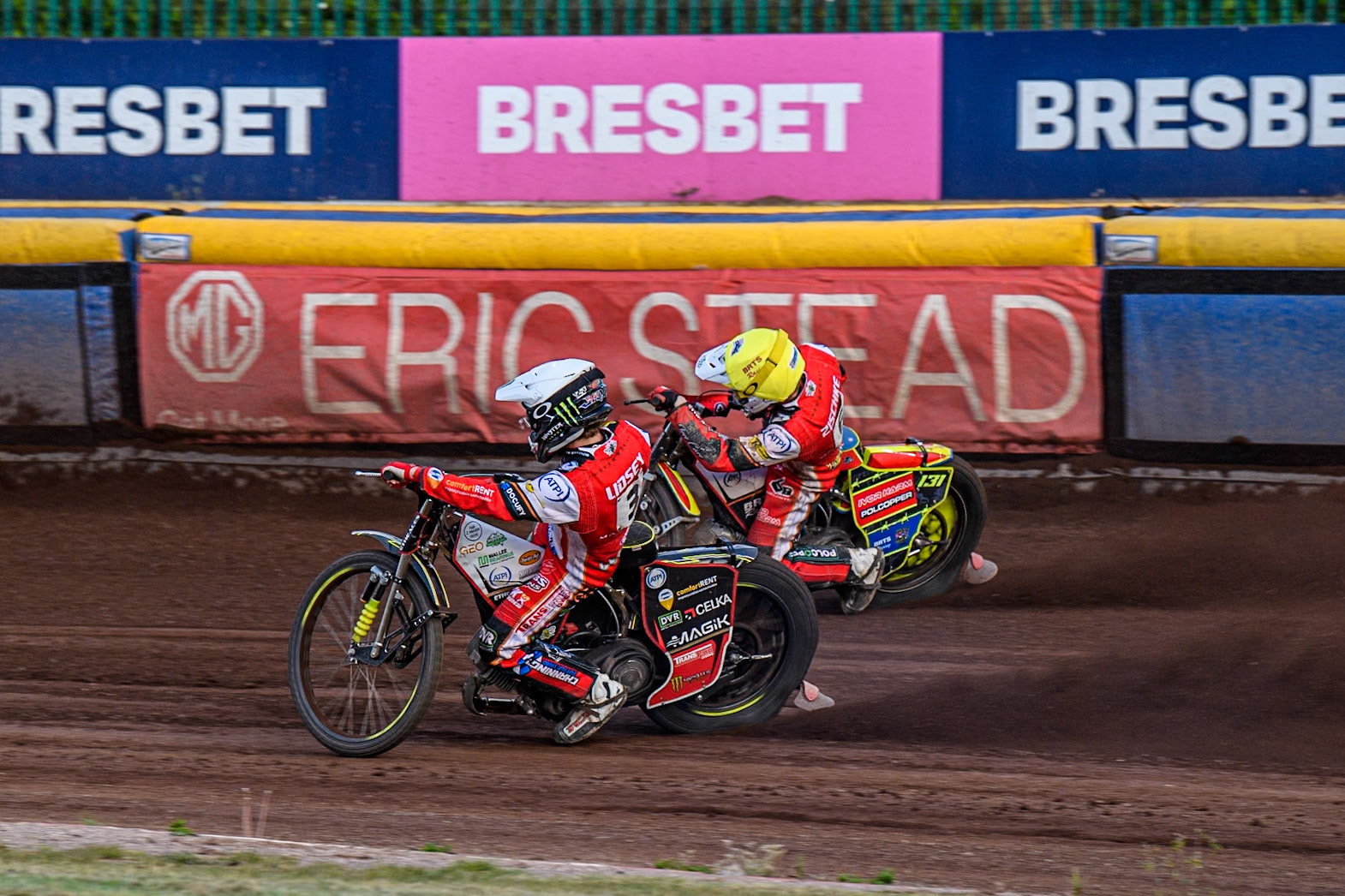 Jaimon Lidsey of Belle Vue Aces in White rides inside team mate Tate Zischke of Belle Vue Aces in Yellow during the Rowe Motor Oil Premiership match between Sheffield Tigers and Belle Vue Aces at Owlerton Stadium, Sheffield on Monday 5th May 2025. (Photo: Ian Charles | MI News)