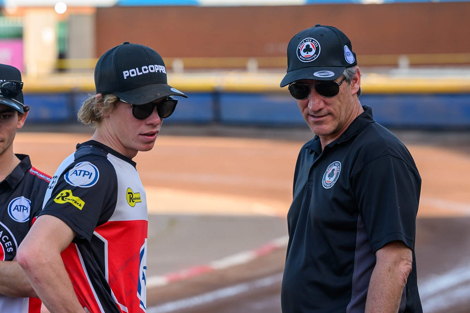 Tate Zischke of Belle Vue Aces (Left) with Mark Lemon, Team Manager of Belle Vue Aces on the track walk during the Rowe Motor Oil Premiership match between Sheffield Tigers and Belle Vue Aces at Owlerton Stadium, Sheffield on Monday 25th May 2026. (Photo: Ian Charles | MI News)