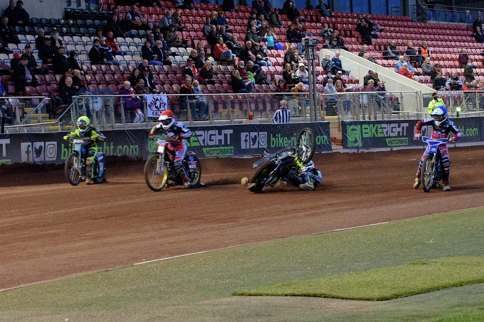 MANCHESTER, UK. MAY 28TH  at the start of heat 14 Ben Rathbone  falls after getting too much drive during the SGB National Development League match between Belle Vue Colts and Berwick Bullets at the National Speedway Stadium, Manchester on Friday 28th May 2021. (Credit: Ian Charles | MI News)