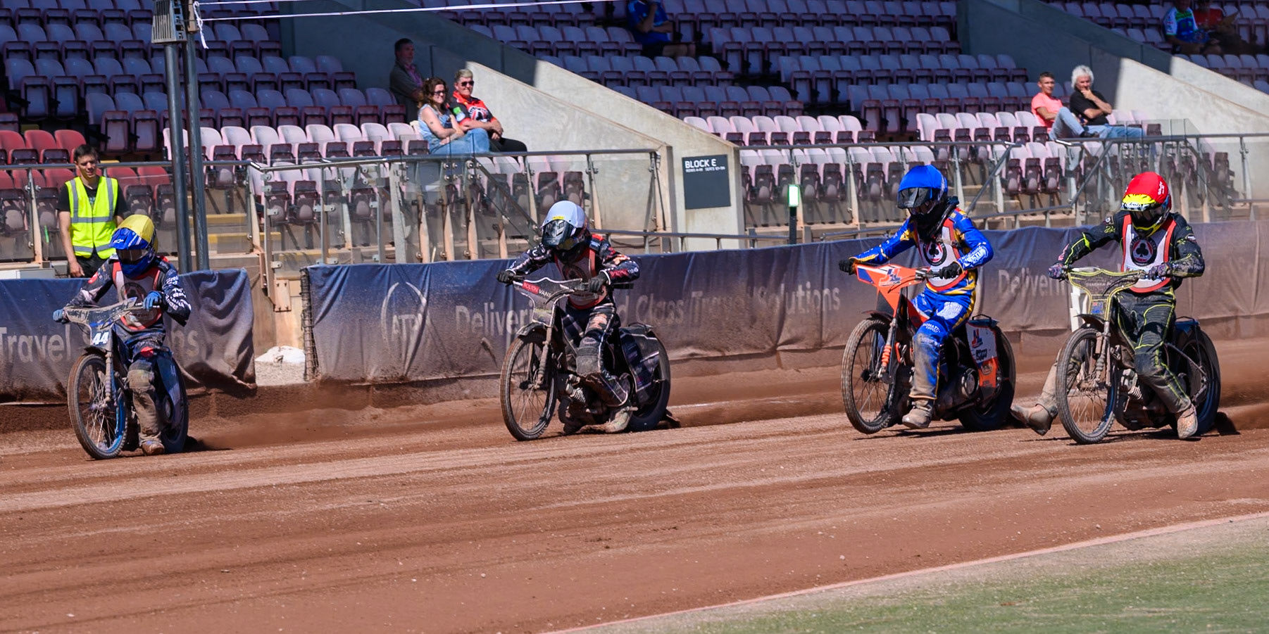 COLTS ACADEMY INDIVIDUAL EVENT FINAL: (L to R) Ben Whalley  in Yellow, Seth Norman in White , Jordy Loftus in Blue  and Charlie Southwick in Red  during the JR Ashworth &amp; Sons Colts Academy Event at the National Speedway Stadium, Manchester on Sunday 19th July 2026. (Photo: Ian Charles | MI News)