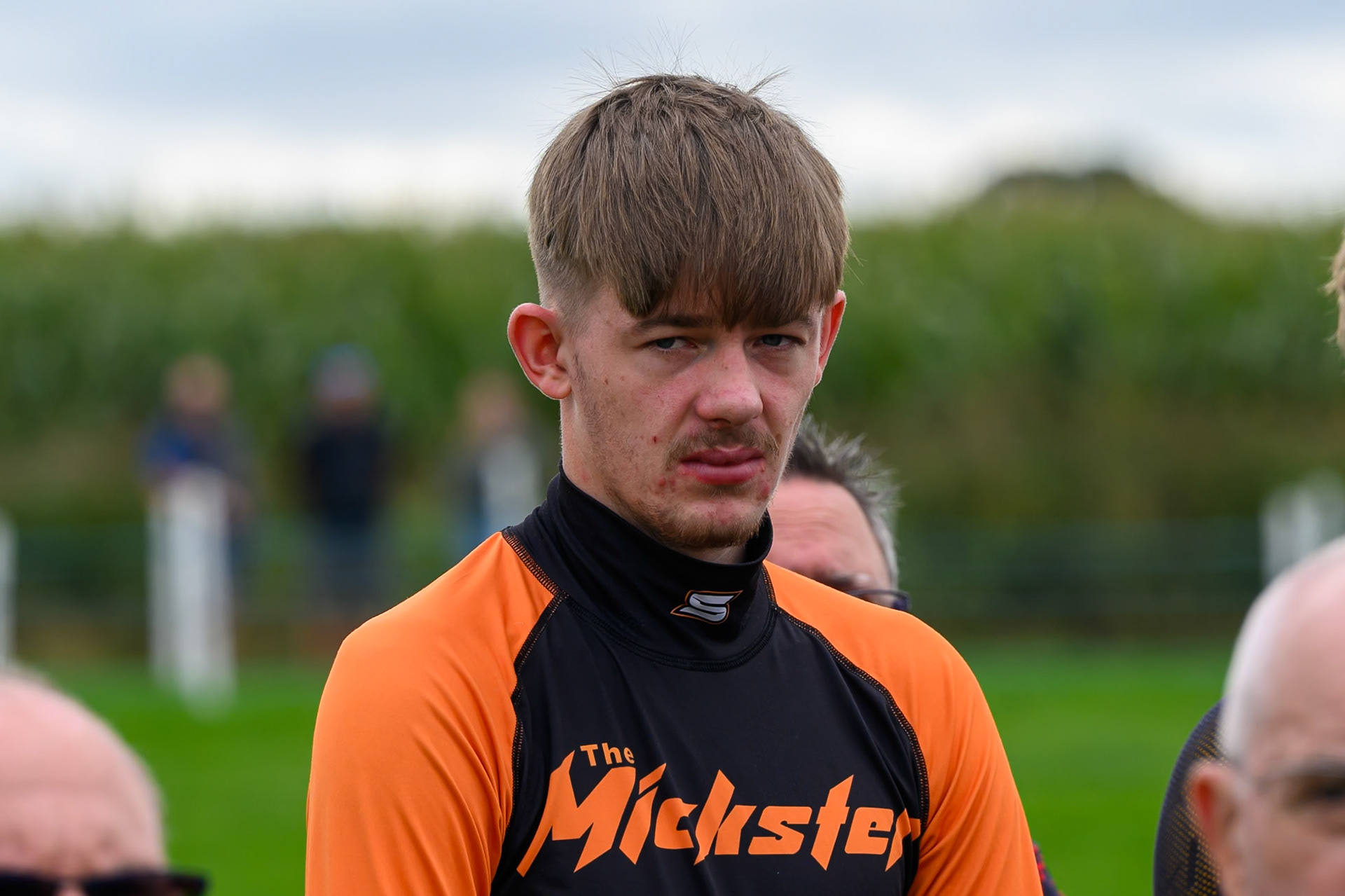 Mickie Simpson (87) at the riders briefing during the British Masters Grasstrack Championship at Lower Marsh Farm, Much Hoole, Preston in Lancashire, England on Sunday 13th September 2026. (Photo: Ian Charles | MI News)