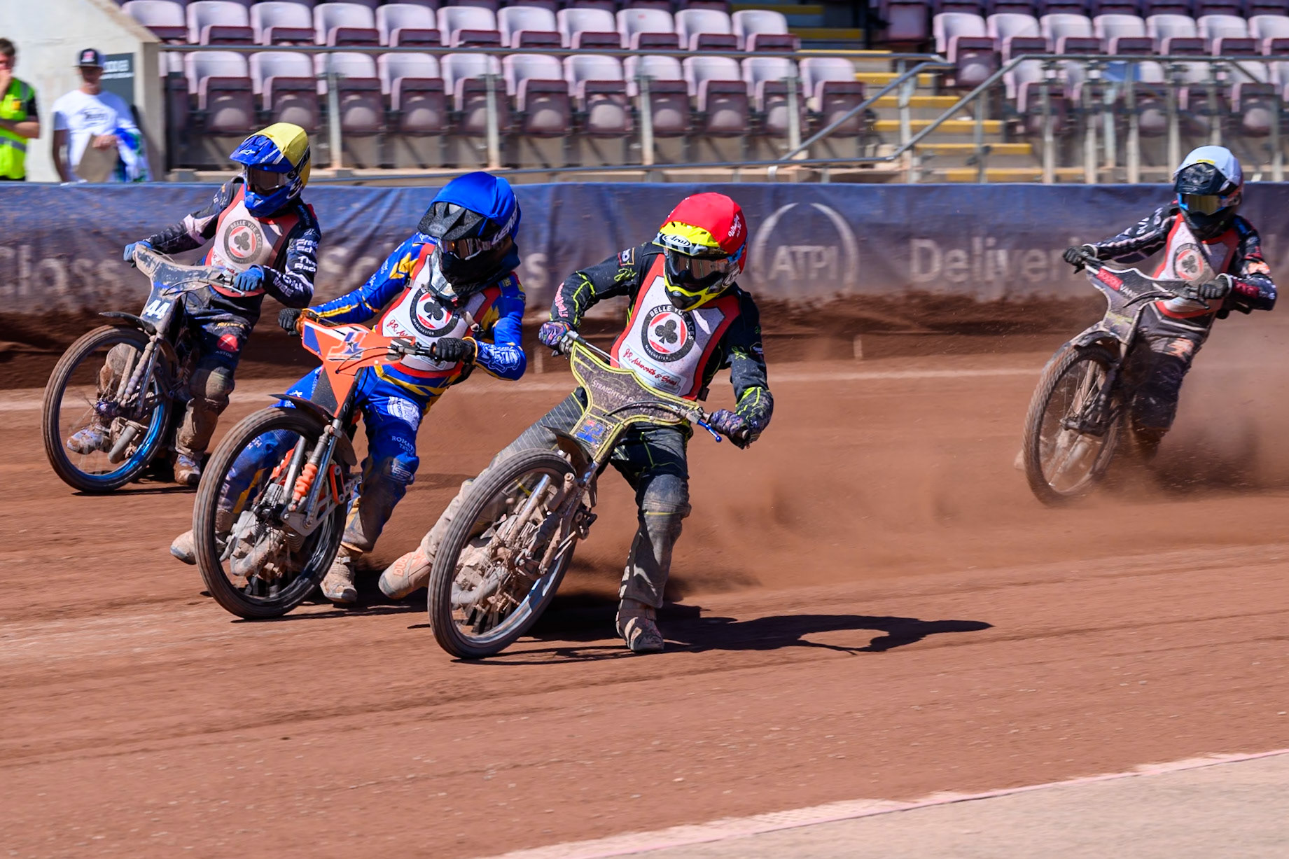 COLTS ACADEMY INDIVIDUAL EVENT FINAL: Ben Whalley  in Red rides inside Jordy Loftus in Blue  and Charlie Southwick in Yellow  with Seth Norman in White  behind during the JR Ashworth &amp; Sons Colts Academy Event at the National Speedway Stadium, Manchester on Sunday 19th July 2026. (Photo: Ian Charles | MI News)