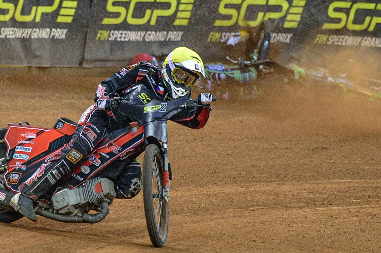 Jan Kvech (Czech Republic)  (White) brings down Benjamin Basso (Denmark)  (Red) during the FIM  Speedway Grand Prix  2 of Great Britain at the Principality Stadium, Cardiff on Sunday 14th August 2022. (Credit: Ian Charles | MI News)