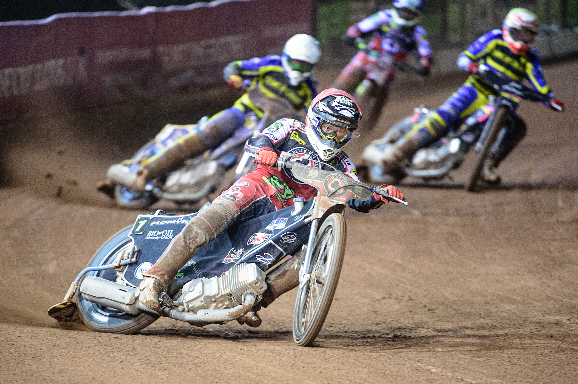 MANCHESTER, UK. OCT 7TH  Dan Bewley  (Red) leads Kyle Howarth  (White) Josh Pickering   (Yellow) and Tom Brennan  (Blue) during the SGB Premiership Play off Semi-Final Second Leg between Belle Vue Aces and Sheffield Tigers at the National Speedway Stadium, Manchester on Thursday 7th October 2021. (Credit: Ian Charles | MI News)