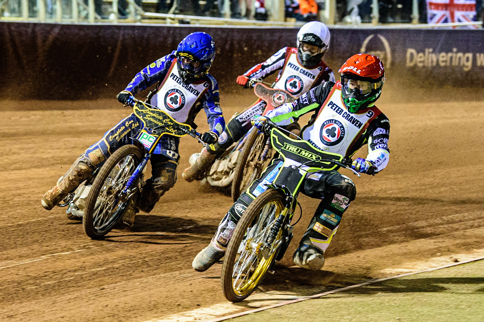 Jason Doyle (Red) inside Kyle Howarth  (Blue) and Brady Kurtz  (White) during the Peter Craven Memorial Trophy  at the National Speedway Stadium, Manchester on Monday 3rd April 2023. (Photo: Ian Charles | MI News)