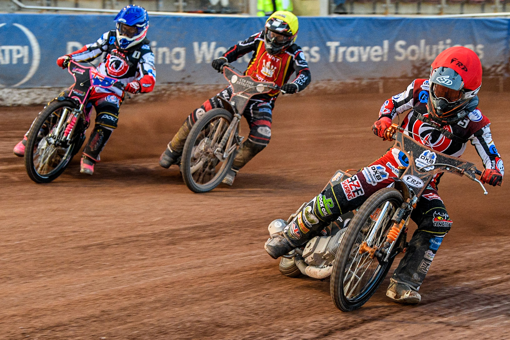 Jack Smith (Red) leads James Pearson (Blue), and Ben Morley (Yellow) during the National Development League match between Belle Vue Colts and Kent Royals at the National Speedway Stadium, Manchester on Friday 7th July 2023. (Photo: Ian Charles | MI News)