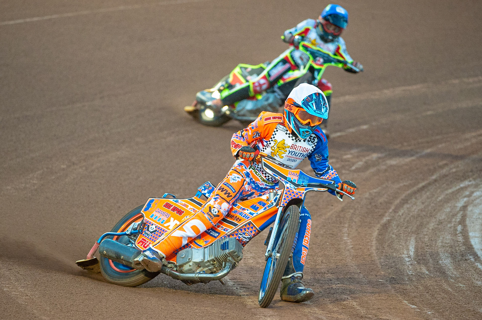 Photo: Ian CharlesSam Peters (White) leads Katie Gordon (Blue) (500cc B Class) British Youth Speedway Championship (Round 5), National Speedway Stadium, Manchester Saturday  10  October  2020