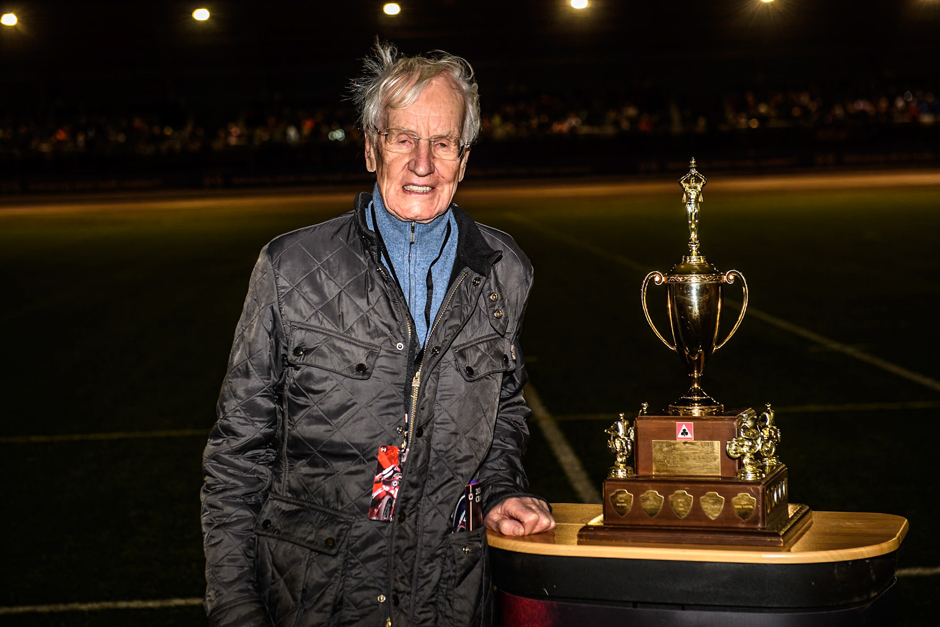 Former 5-times World Speedway Champion Ove Fundin with the Peter Craven Memorial Trophy during the Peter Craven Memorial Trophy meeting at the National Speedway Stadium, Manchester on Monday 18th March 2024. (Photo: Ian Charles | MI News)