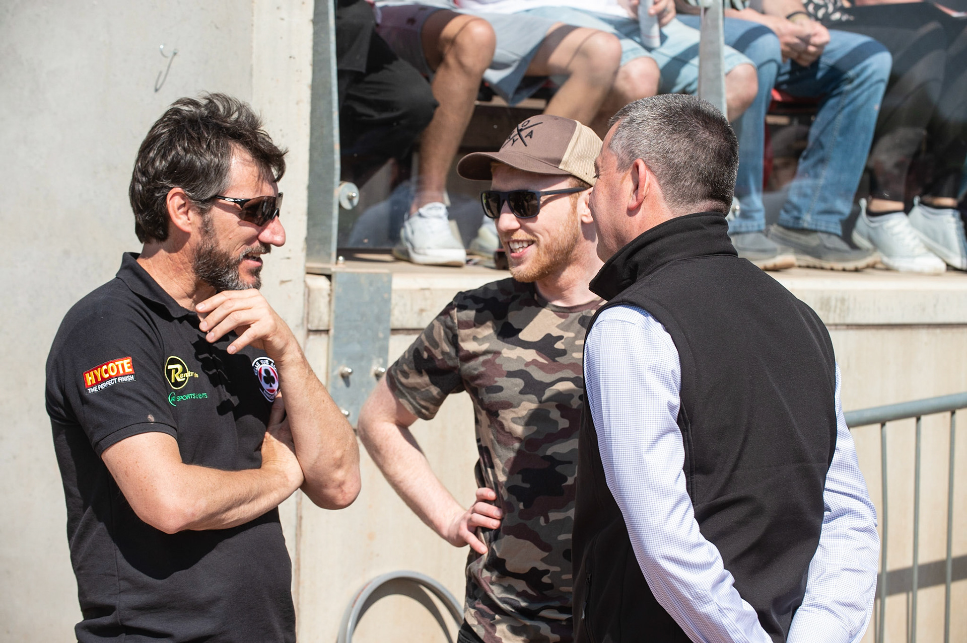 Photo: Ian Charles

Paul Bowen hangs out with the Management Mark Lemon (left) and Adrian Smith

Belle Vue Colts v Stoke Potters, National League, Belle Vue National Speedway Stadium, Manchester, Friday 19  April  2019
