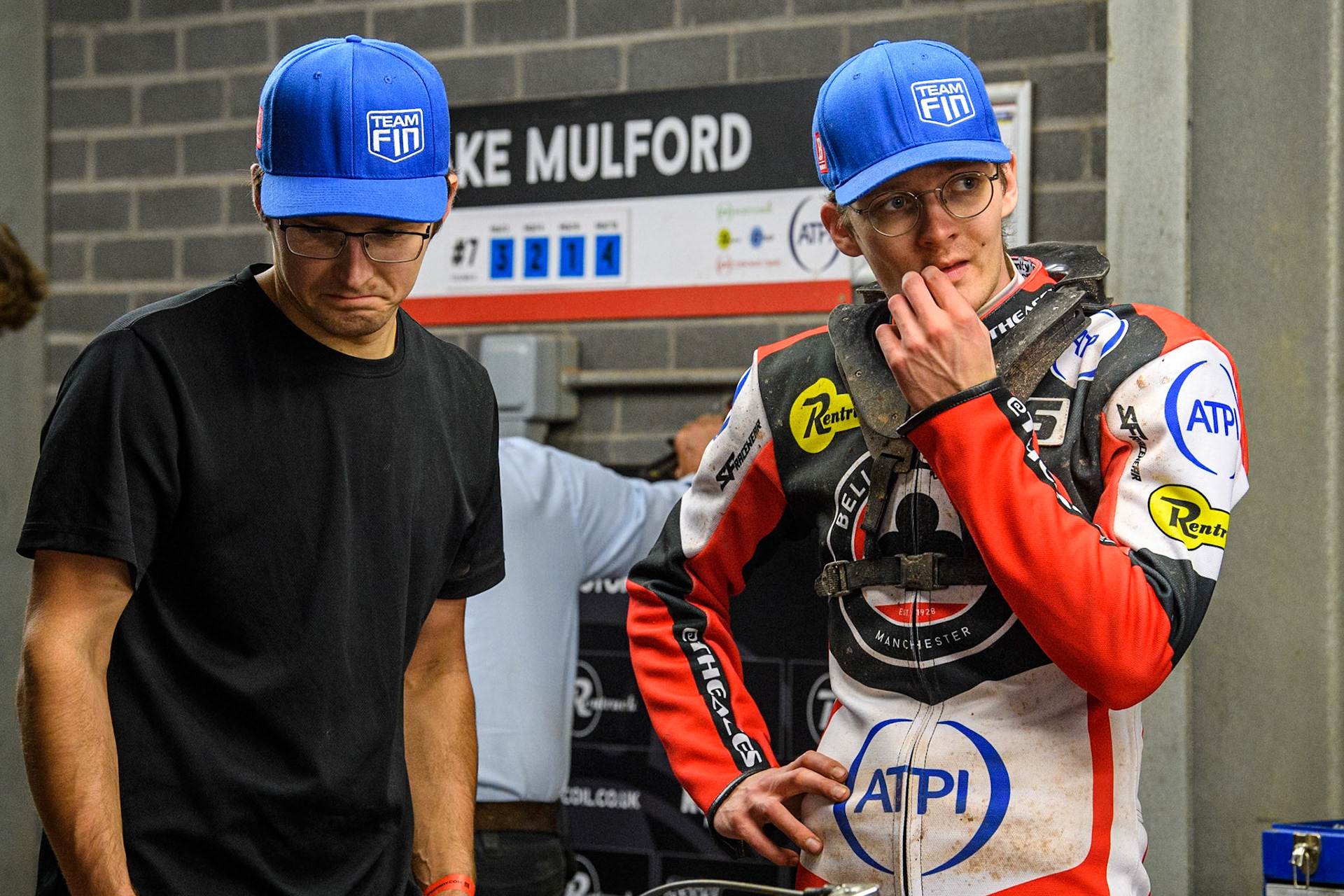Belle Vue Aces' Antti Vuolas  (Right) with his brother who acts as his mechanic during the Rowe Motor Oil Premiership Play Off Semi Final 2, 1st Leg match between Belle Vue Aces and Sheffield Tigers at the National Speedway Stadium, Manchester on Monday 16th September 2024. (Photo: Ian Charles | MI News)