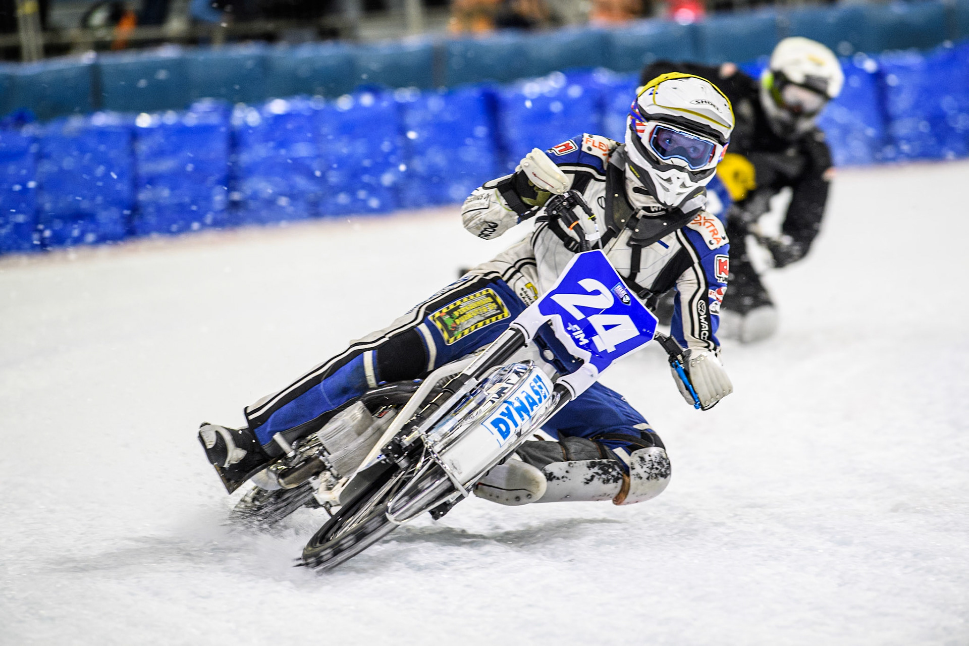 Max Koivula (24) of Finland in Yellow leading Leon Kramer (17) of The Netherlands in White during the FIM Ice Speedway Gladiators World Championship, Final 4 at the Ice Stadium, Thialf, Heerenveen on Sunday 6th April 2025. (Photo: Ian Charles | MI News)
