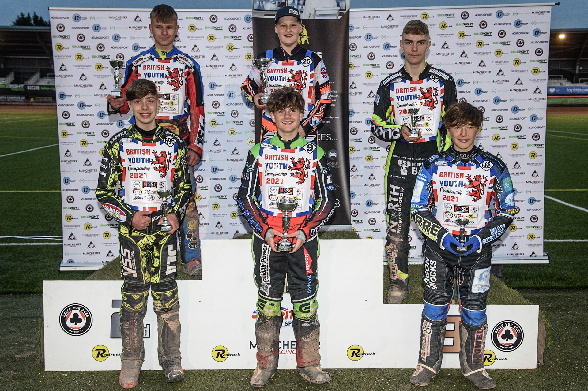 MANCHESTER, UK. MAY 28TH  Winners of the British Youth Championship:Rear: 500cc  (l-r) Cameron Taylor  (3rd), Ben Trigger (1st), Alex Goldsborough (3rd)Front: Ace Pijper (2nd), Luke Harrison  (1st), Jody Scott (3rd) during the SGB National Development League match between Belle Vue Colts and Berwick Bullets at the National Speedway Stadium, Manchester on Friday 28th May 2021. (Credit: Ian Charles | MI News)