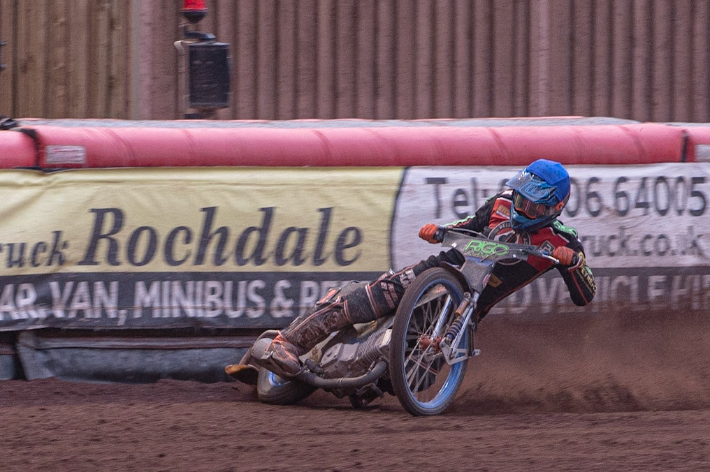 Photo: Ian Charles

Dimitri Bergé  gets into difficulty 

Belle Vue Aces v Ipswich Witches, British Speedway Premiership, Belle Vue National Speedway Stadium, Manchester, Monday 3  June  2019