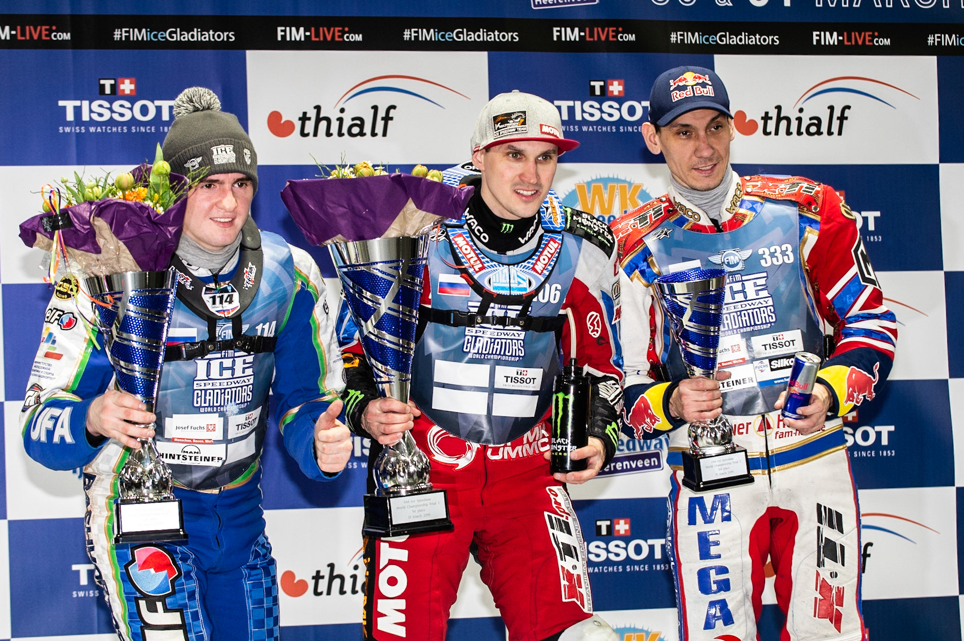 Photo: Ian Charles

The Top 3 on Sunday : (l-r) Dinar Valeev (2nd), Dmitri Koltakov (1st), Danil Ivanov (3rd)

FIM Ice Speedway Gladiators World Championship, Event 5.2, Ice Rink Thialf, Heerenveen, Netherlands Sunday  31  March  2019