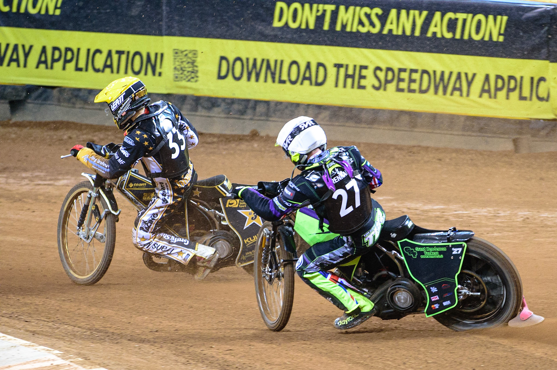 Tom Brennan (Great Britain)  (White) chases 33\ (Yellow) during the FIM  Speedway Grand Prix  2 of Great Britain at the Principality Stadium, Cardiff on Sunday 14th August 2022. (Credit: Ian Charles | MI News)