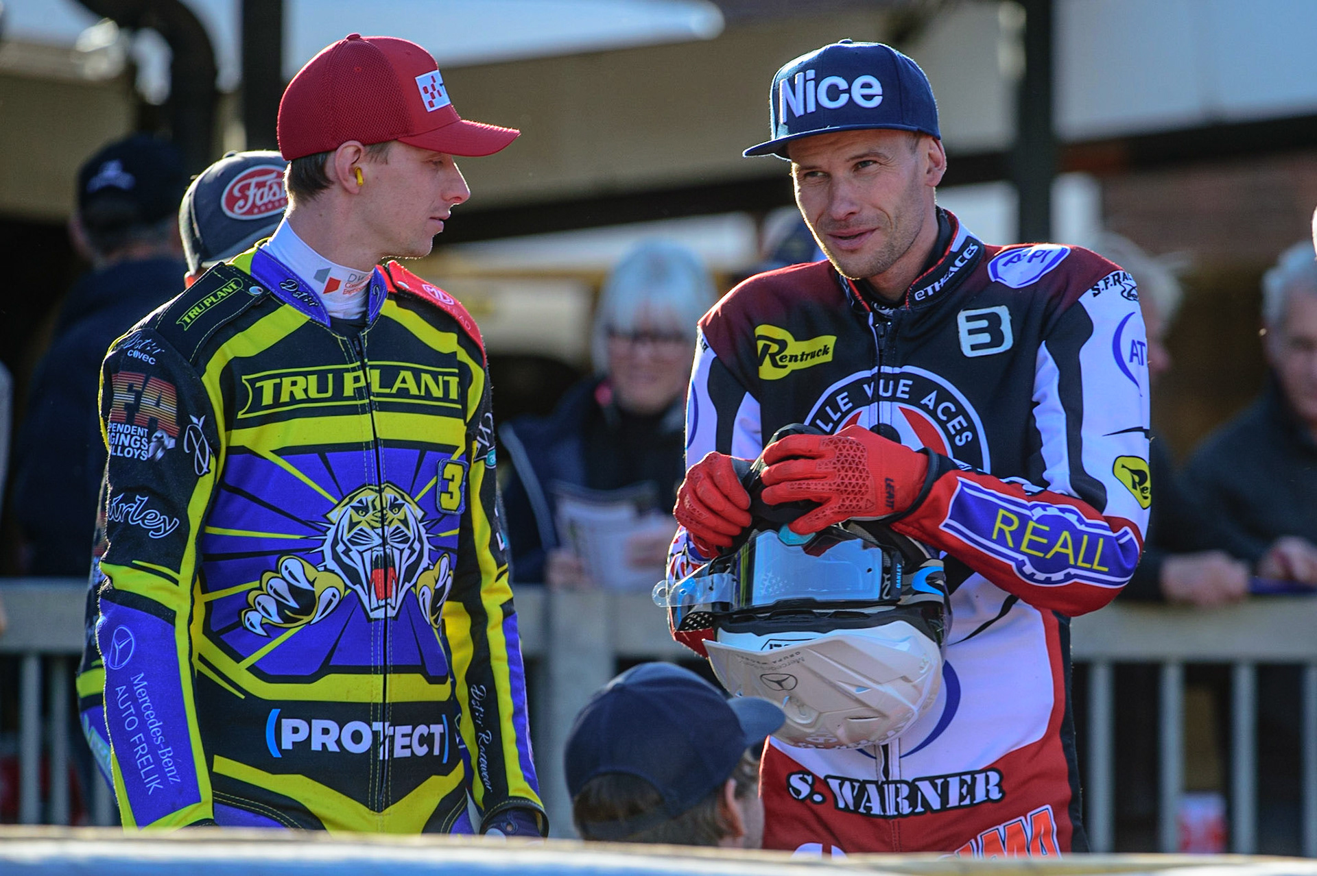 SHEFFIELD, UK. MAY 26TH  Tobiasz Musielak  (left) with Matej Žagar  during the SGB Premiership match between Sheffield Tigers and Belle Vue Aces at Owlerton Stadium, Sheffield on Thursday 26th May 2022. (Credit: Ian Charles | MI News)