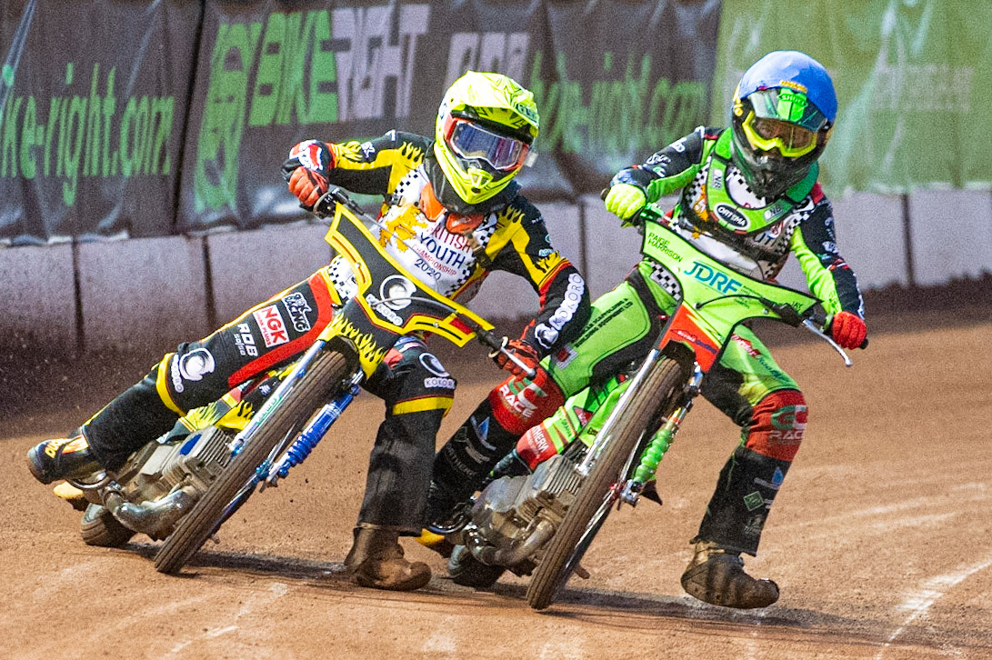 Photo: Ian CharlesLuke Harrison (Blue) and Max James (Yellow) tangle on the back straight (250cc Class)British Youth Speedway Championship (Round 5), National Speedway Stadium, Manchester Saturday  10  October  2020