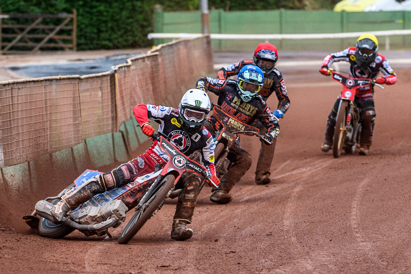 Dan Bewley (White) leads Ryan Douglas (Blue) Steve Worrall (Red) and Norick Blodorn (Yellow) during the Sports Insure Premiership match between Wolverhampton Wolves and Belle Vue Aces at Monmore Green Stadium, Wolverhampton on Monday 10th July 2023. (Photo: Ian Charles | MI News)