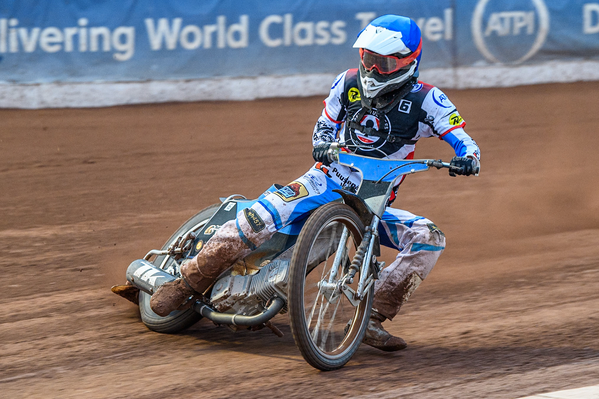 Belle Vue Aces' guest Antti Vuolas in action during the Rowe Motor Oil Premiership match between Belle Vue Aces and Oxford Spires at the National Speedway Stadium, Manchester on Monday 22nd July 2024. (Photo: Ian Charles | MI News)