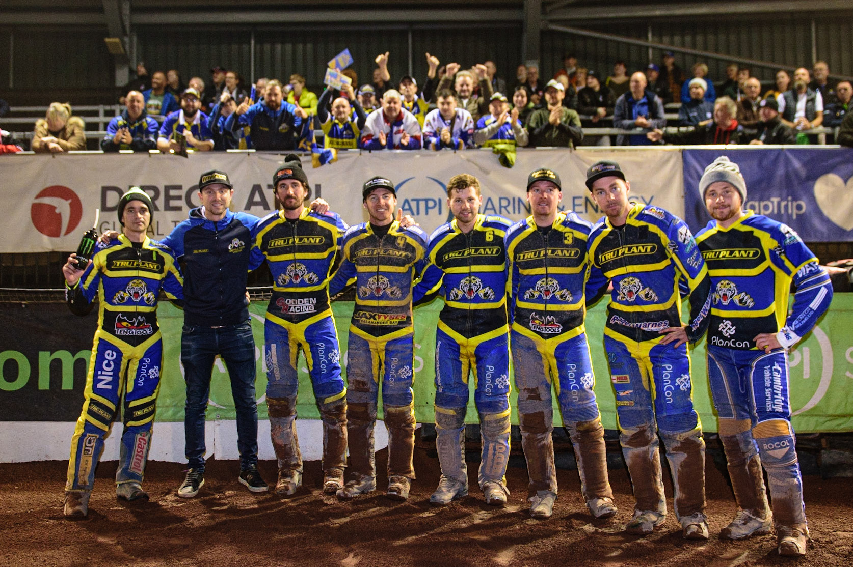 MANCHESTER, UK. OCT 7TH  Sheffield TruPlant Tigers  with their fans after their defeat during the SGB Premiership Play off Semi-Final Second Leg between Belle Vue Aces and Sheffield Tigers at the National Speedway Stadium, Manchester on Thursday 7th October 2021. (Credit: Ian Charles | MI News)