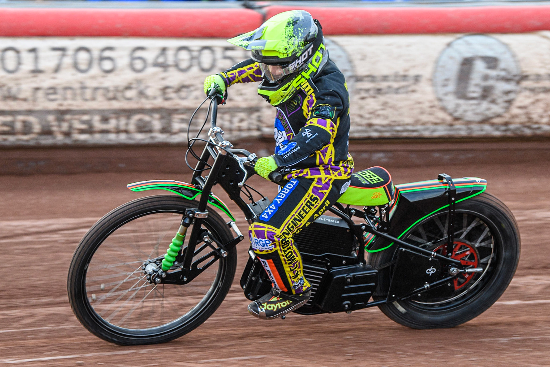 Junior rider Lewis Hague does dome demonstration laps on the new Electric Speedway Bike during the British Youth Speedway Championships at the National Speedway Stadium, Manchester on Friday 21st July 2023. (Photo: Ian Charles | MI News)