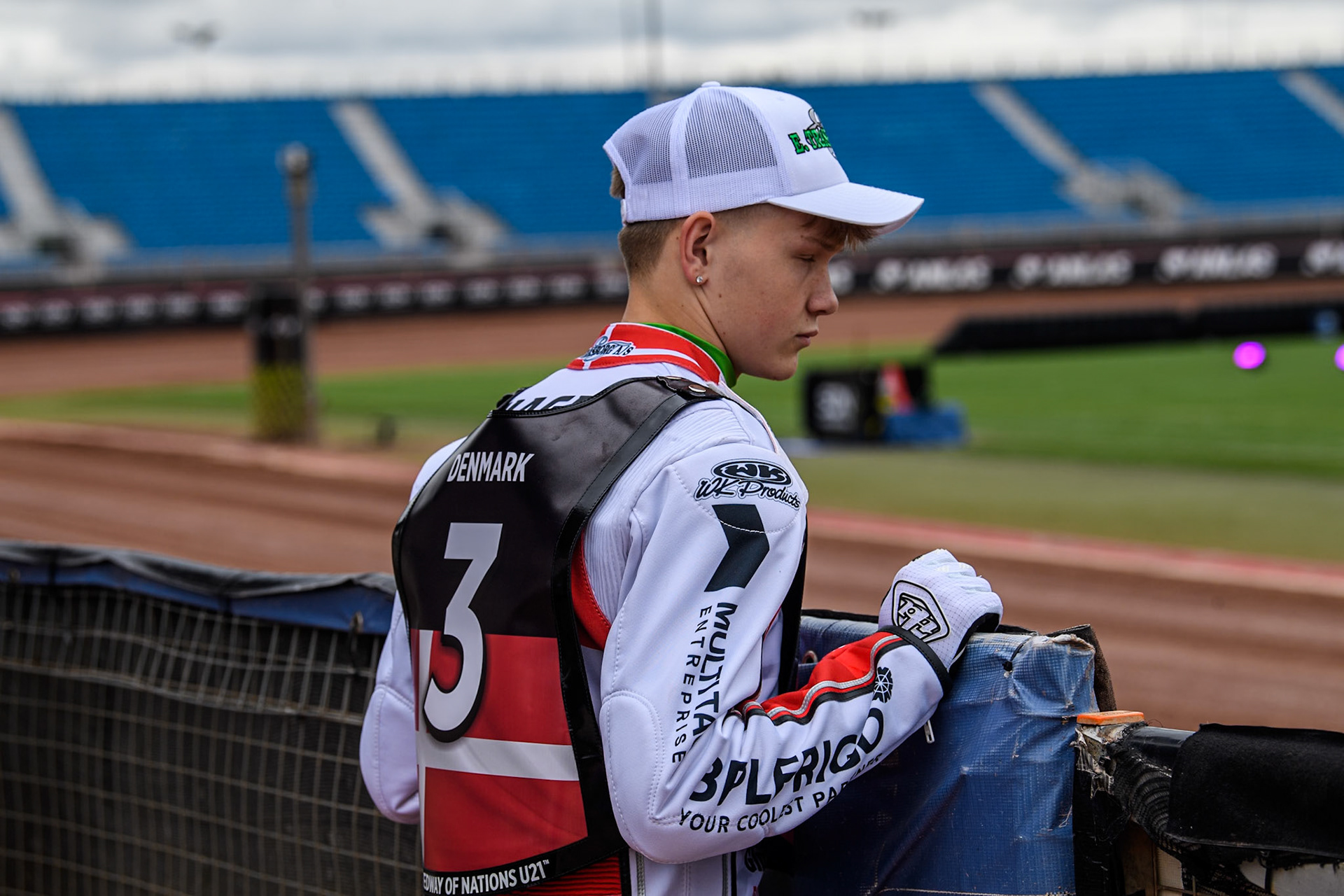 Villads Nagel of Denmark watches the track prep during the Monster Energy FIM Speedway of Nations 2 (Under 21) Final at the National Speedway Stadium, Manchester on Friday 12th July 2024. (Photo: Ian Charles | MI News)