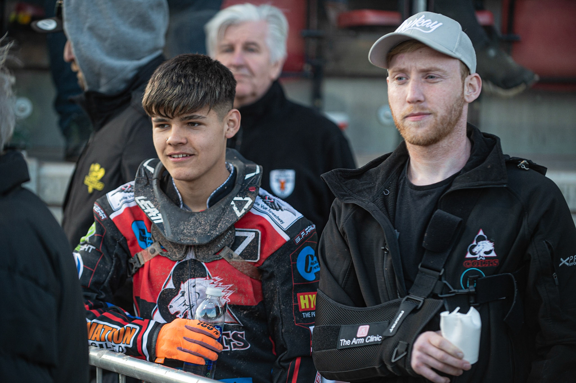 Photo: Ian Charles

Jordan Palin (left) with injured Colts rider, Paul Bowen watching the racing

Belle Vue Colts v Plymouth Gladiators National League, Belle Vue National Speedway Stadium, Manchester, Thursday 23  May  2019