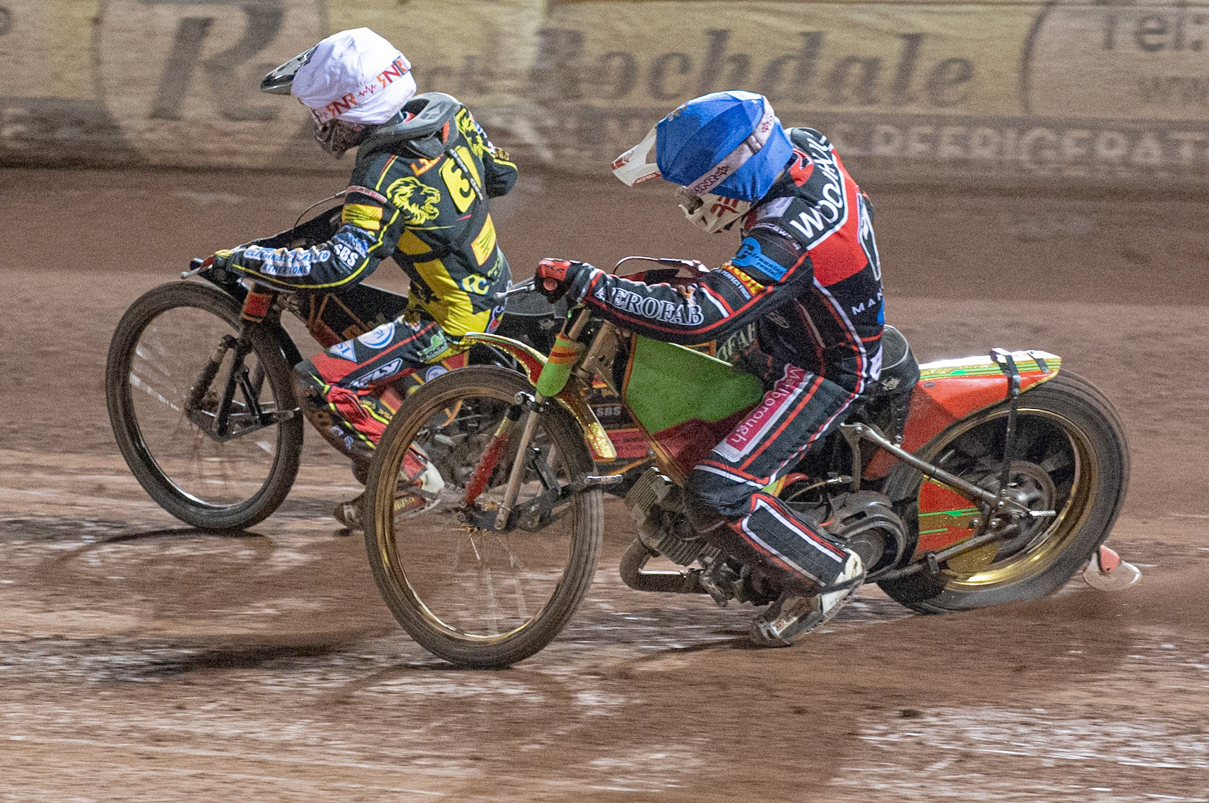 Photo: Ian Charles

Ben Woodhull  (Blue) chases Joe Thomson  (White)

Belle Vue Colts v Leicester Lion Cubs, SGB National League KO Cup Final (2nd Leg), Belle Vue National Speedway Stadium, Manchester, Tuesday 29  October  2019