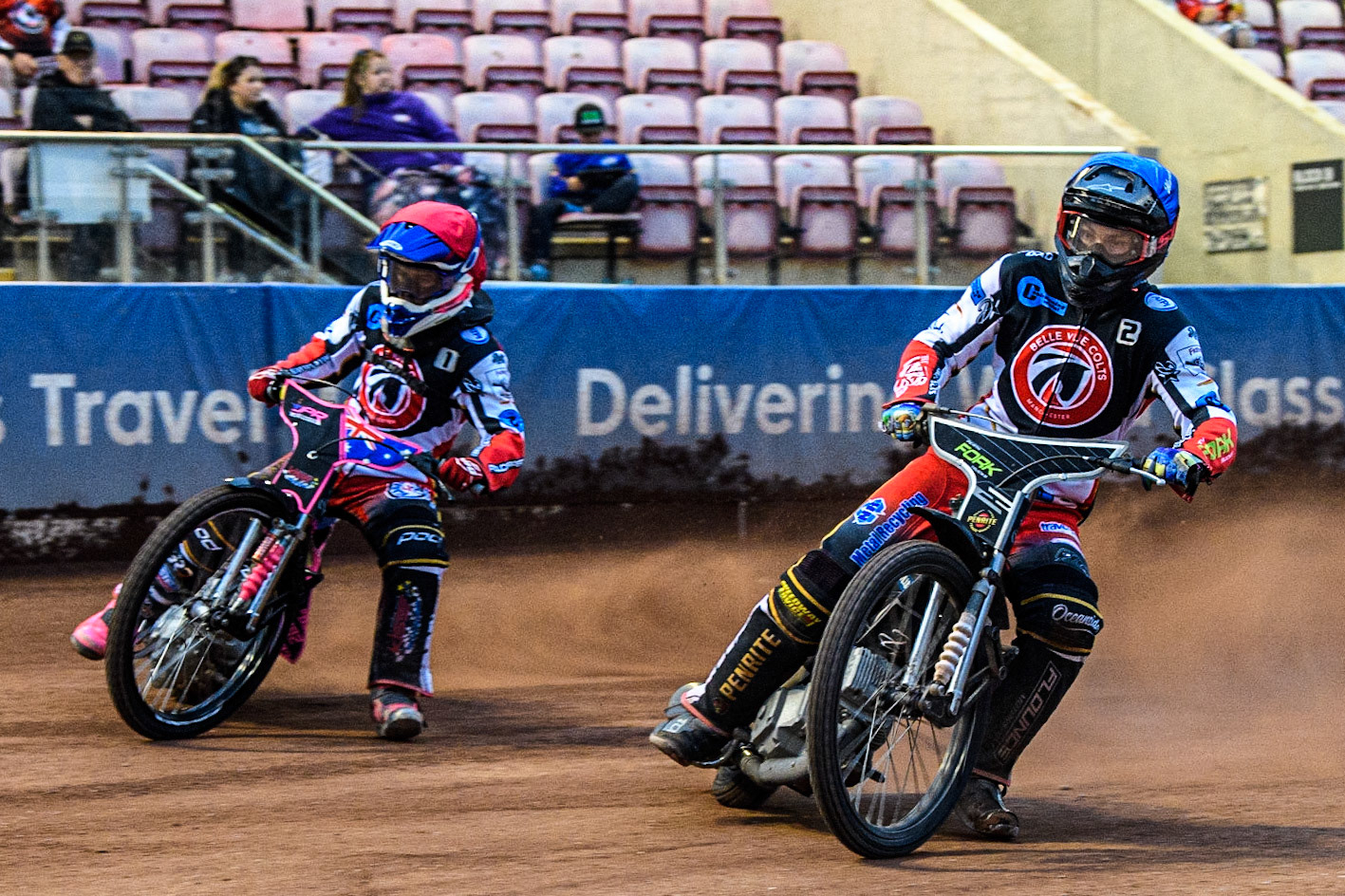 Matt Marson (Blue) inside team mate James Pearson (Red) during the National Development League match between Belle Vue Colts and Edinburgh Monarchs Academy at the National Speedway Stadium, Manchester on Friday 21st July 2023. (Photo: Ian Charles | MI News)