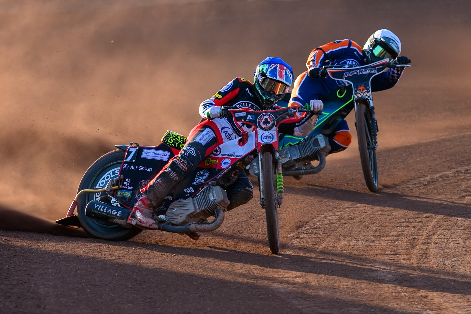 William Cairns of Belle Vue Aces in Blue leading Troy Batchelor of Northampton Foxes  in White during the Rowe Motor Oil Premiership match between Belle Vue Aces and Northampton Foxes at the National Speedway Stadium, Manchester on Monday 13th July 2026. (Photo: Ian Charles | MI News)