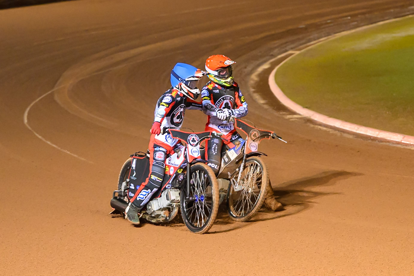 Zach Cook of Belle Vue Aces in Blue  and Nicolai Klindt, Guest Rider for Belle Vue Aces in Red  celebrate their maximum heat win in Heat 3 during the Rowe Motor Oil Premiership Grand Final 2nd Leg between Belle Vue Aces and Sheffield Tigers at the National Speedway Stadium, Manchester on Friday 16th October 2026. (Photo: Ian Charles | MI News)